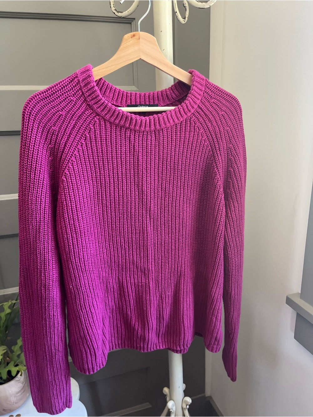 Quince 100% Organic Cotton Fuchsia Chunky Rib-Knit Crewneck Sweater